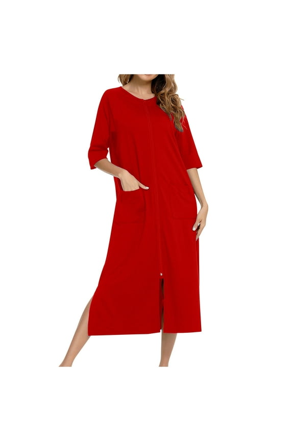 Womens Zipper Robe 3/4 Sleeves Nightgown Loungewear Dress Sleepwear Housecoat Long Bathrobe with Pockets