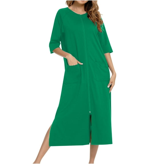 AherBiu Womens Zipper Robe 3/4 Sleeves Nightgown Loungewear Dress Sleepwear Housecoat Long Bathrobe with Pockets