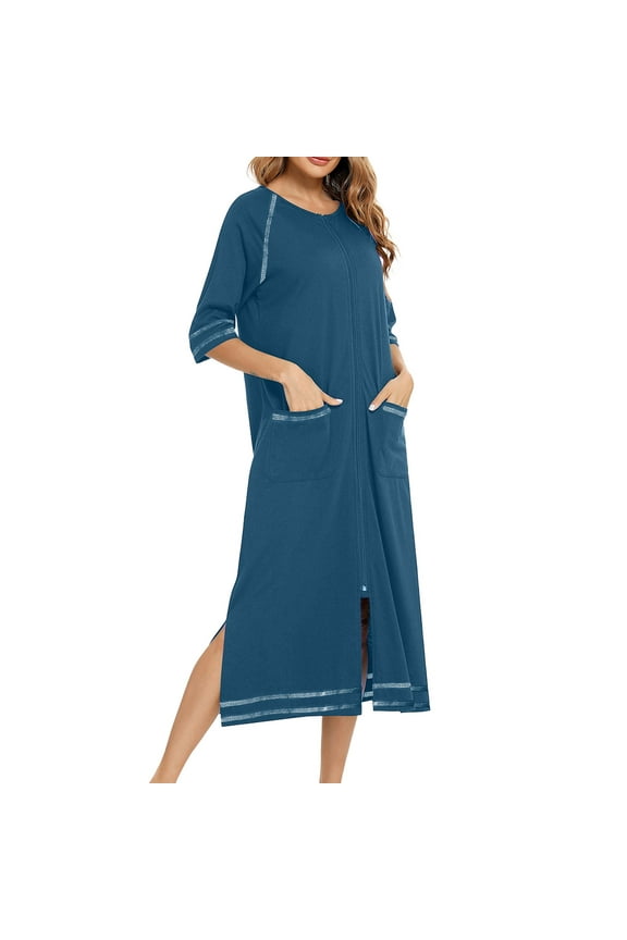 Womens Zipper Robe 3/4 Sleeves Nightgown Loungewear Dress Sleepwear Housecoat Long Bathrobe with Pockets