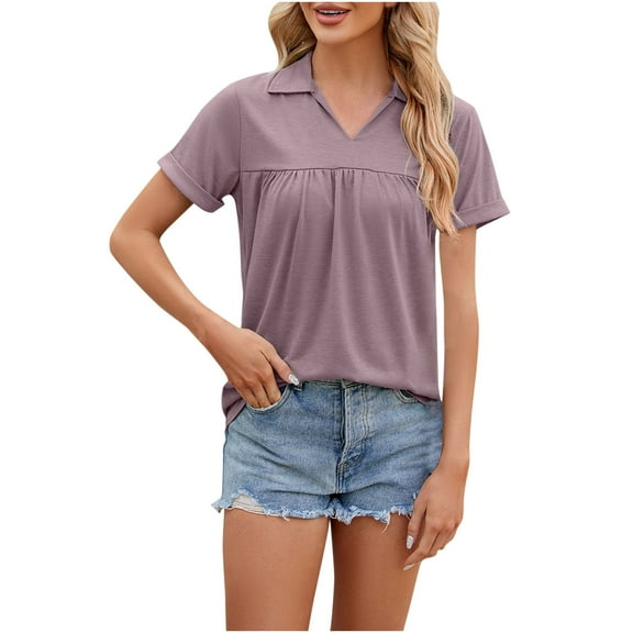 AherBiu Work Tops for Women Business Casual Lapel V Neck Pullover Short Sleeve Golf Shirts Tunic Blouse