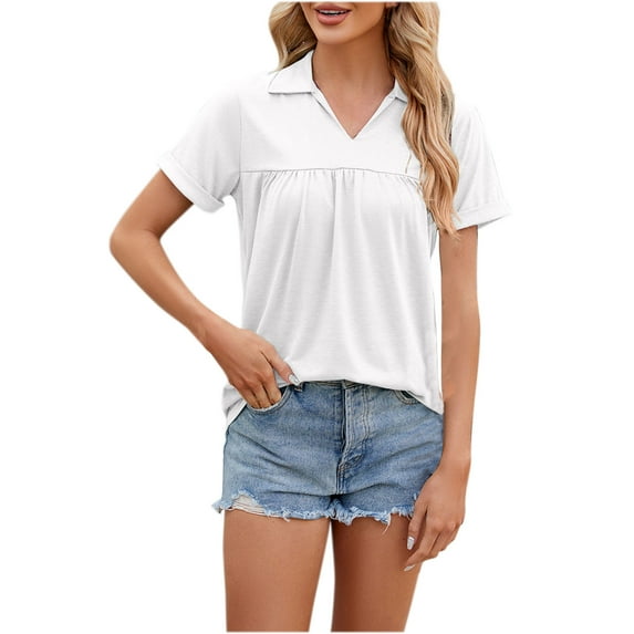 AherBiu Work Tops for Women Business Casual Lapel V Neck Pullover Short Sleeve Golf Shirts Tunic Blouse