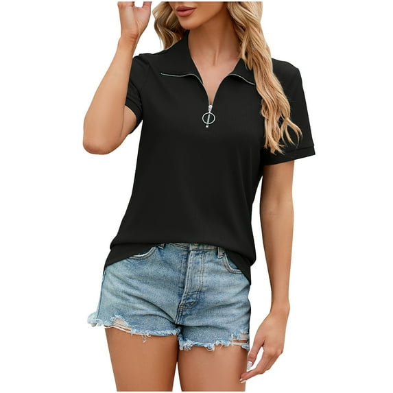AherBiu Work Tops for Women Quarter Zipper Lapel V Neck Short Sleeve Business Casual Shirts Blouse