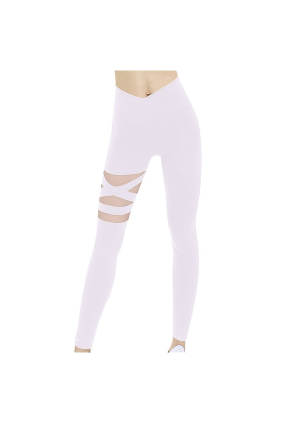 Workout Leggings for Women Crossover V-Waisted Slim Fitted Yoga Pants Mesh See-Through Athletic Legging