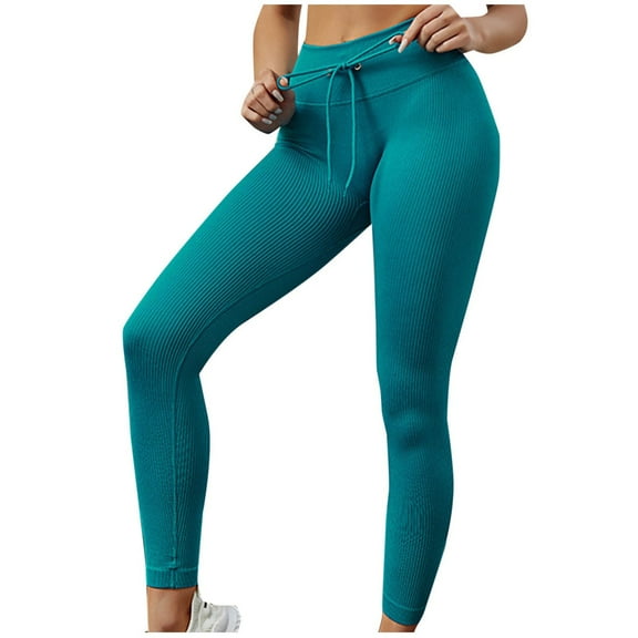AherBiu Workout Leggings for Women Drawstring High Waisted Ribbed Slim Activewear Gym Legging Yoga Pants