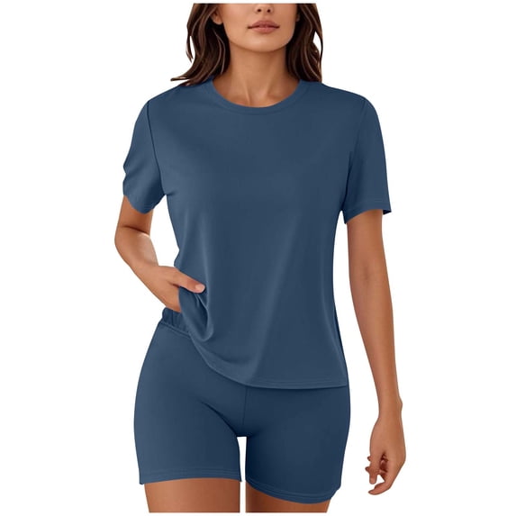 AherBiu Workout Sets for Women 2 Piece Summer Outfits Short Sleeve Basic Tshirts with Elastic Short Leggings Bottoms Set