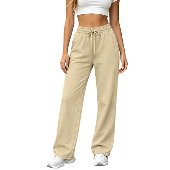 AherBiu Workout Sweatpants for Women Straight Leg Casual Loose Drawstring Elastic High Waisted Joggers Pants with Pockets(Small,Beige)