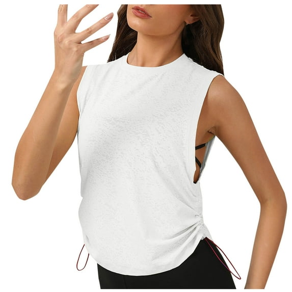 AherBiu Workout Tank Tops for Women Lightweight Side Drawstring Crewneck Cropped Athletic Top Tees Shirts