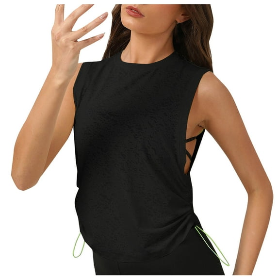AherBiu Workout Tank Tops for Women Lightweight Side Drawstring Crewneck Cropped Athletic Top Tees Shirts