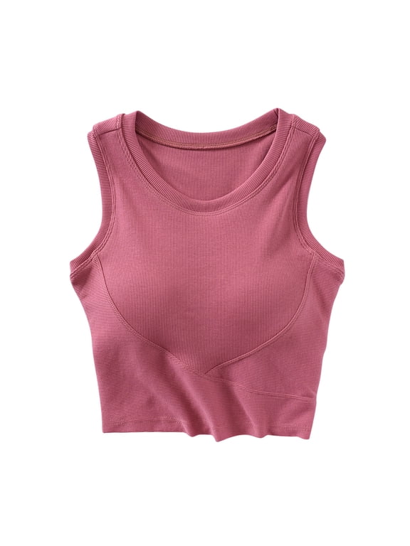 Workout Tops for Women Cropped Yoga Tank Top with Built in Bra Stretch Slim Fitted Crewneck Sleeveless Cute Shirt