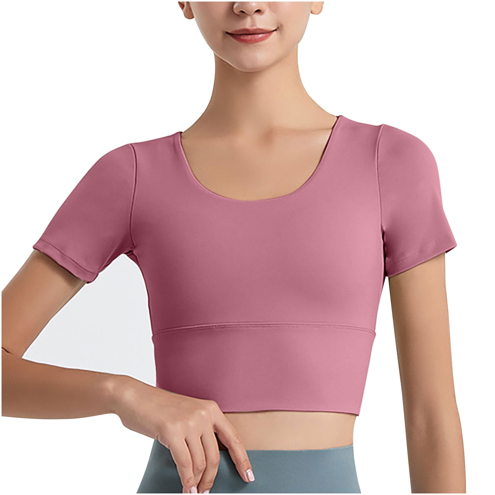 AherBiu Workout Tops for Women Crossover Back Short Sleeve Cropped Sports Yoga Tops with Built in Bra Walmart