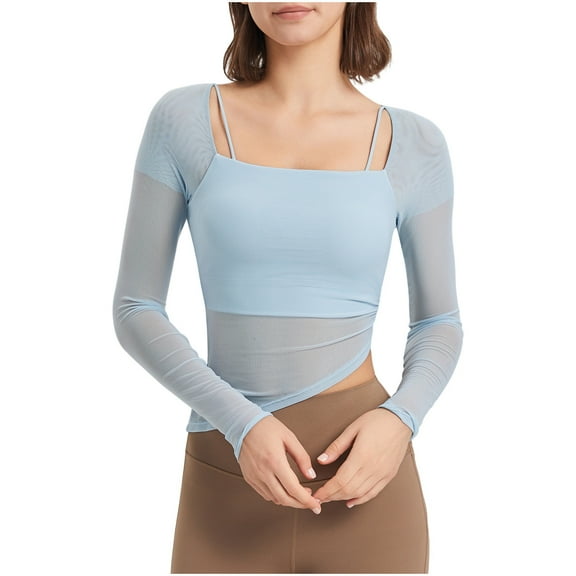 AherBiu Workout Tops for Women Mesh See Through Square Neck Gym Tops Long Sleeve Sports T Shirts