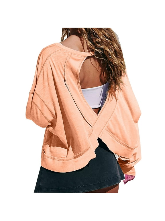Workout Tops for Women Open Back Crop Long Sleeve Casual Shirts Athletic Gym Yoga Tee Activewear