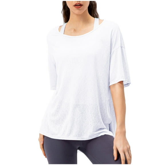 AherBiu Workout Tops for Women Short Sleeve Lightweight See Through Coverup Top Round Neck T-Shirt
