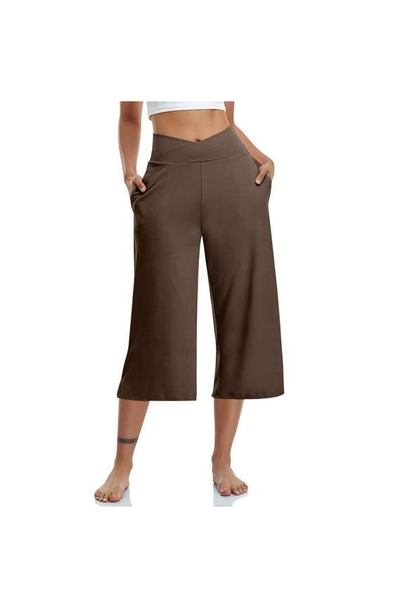 Yoga Capri Pants for Women Straight Wide Leg Stretchy Cross Wrap High Waisted Joggers Capris