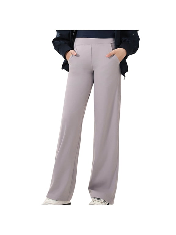Yoga Pants for Girls Kids Teens Straight Wide Leg Stretch High Waisted Loose Workout Athletic Pants with Pockets Activewear(10-11 Years,Purple)
