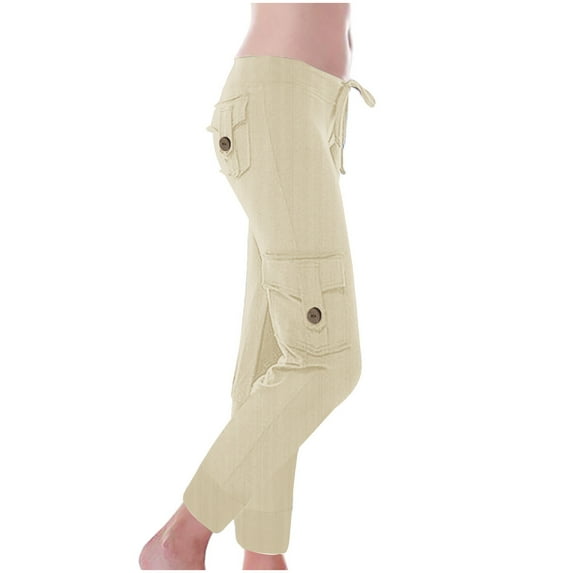 AherBiu Yoga Pants for Women Ribble Knitted Cargos Drawstring Low Waisted Joggers Slacks with Pockets