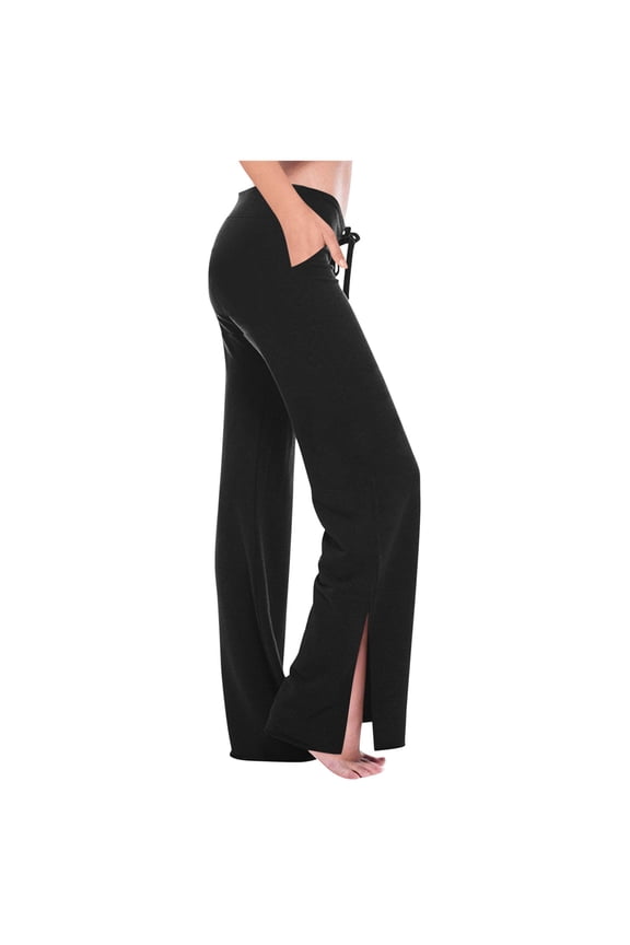 Yoga Pants with Pockets for Women Side Slit Straight Leg Stretch Drawstring Waisted Casual Pants