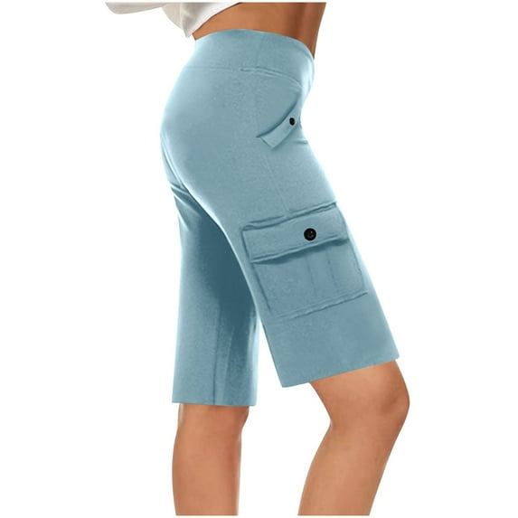 AherBiu Yoga Shorts for Women High Waisted Bikers Shorts with Pockets Stretchy Straight Leg Workout Joggers Knee Length