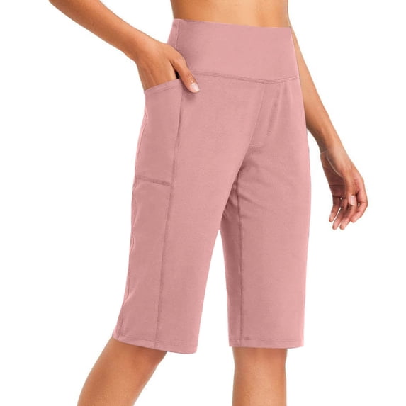 AherBiu Yoga Shorts for Women Straight Leg High Waisted Stretch Loose Fitting Knee Length Workout Shorts with Pockets