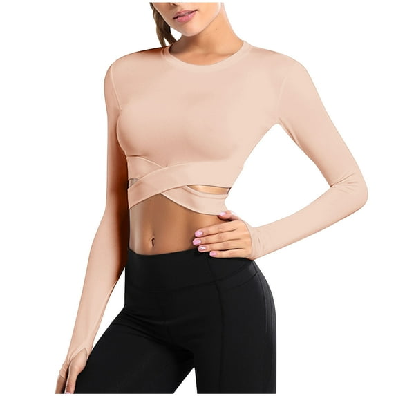 AherBiu Yoga Tops for Women Crop Tops Slim Lightweight Stretchy Quick-Dry Crossover Workout Top Tees Shirt