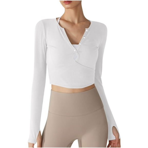 AherBiu Yoga Tops for Women Cropped Button Notch V Neck Slim Fitted Stretchy Workout Tops Activewear