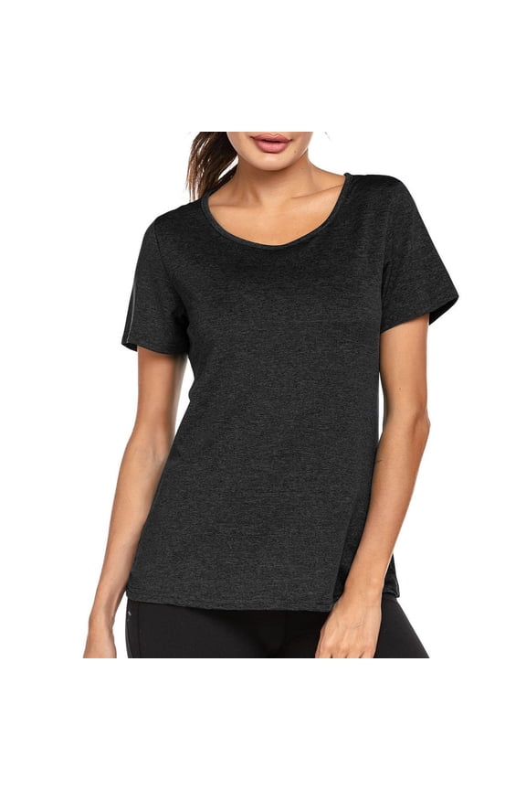 Yoga Tops for Women Crossover Cutout Back Short Sleeve Crewneck Stretch Summer Tshirt Basic Tees