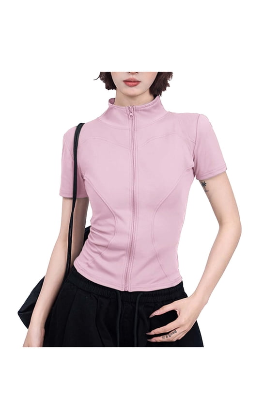 Yoga Tops for Women Full Zip Stand Collar Short Sleeve Stretch Slim Fitted Lightweight Track Jacket