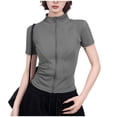 thumbnail image 1 of AherBiu Yoga Tops for Women Full Zip Stand Collar Short Sleeve Stretch Slim Fitted Lightweight Track Jacket, 1 of 5