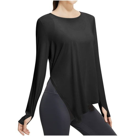 AherBiu Yoga Tops for Women Lightweight Irregular High Low Side Slit Athletic Long Sleeve Shirt Activewear