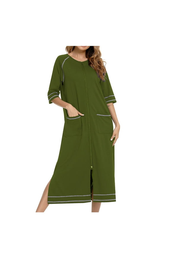 Women Zipper Pajamas Dress Homewear 3/4 Sleeve Nightgown Full Length Lounge Dress with Pockets