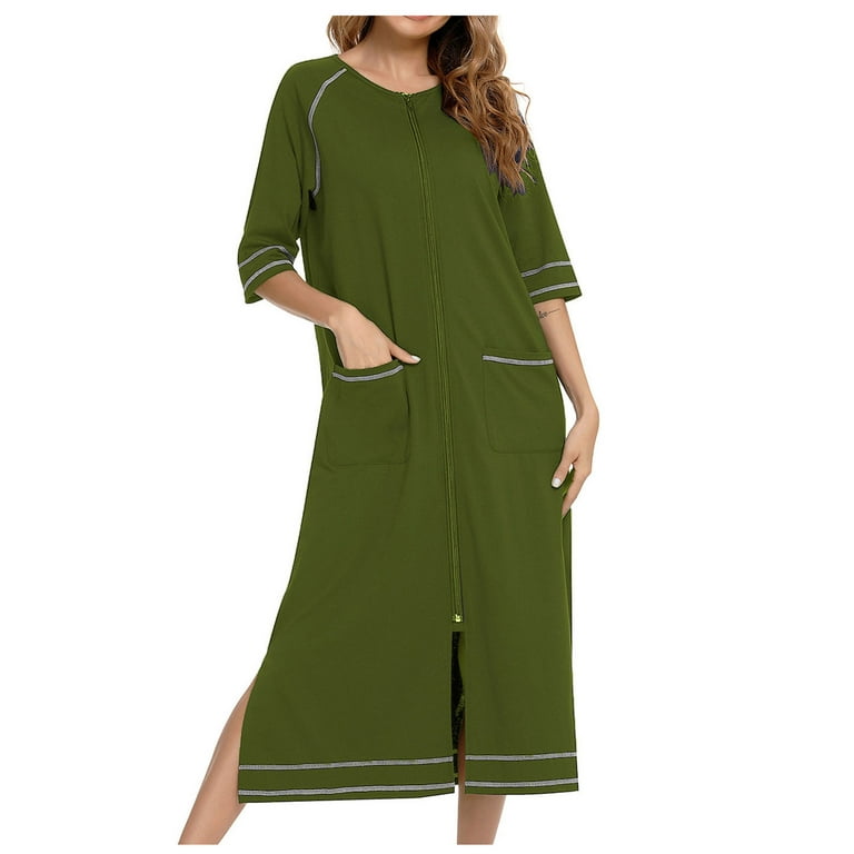 Aherbiu Women Zipper Pajamas Dress Homewear 3/4 Sleeve Nightgown Full  Length Lounge Dress with Pockets 