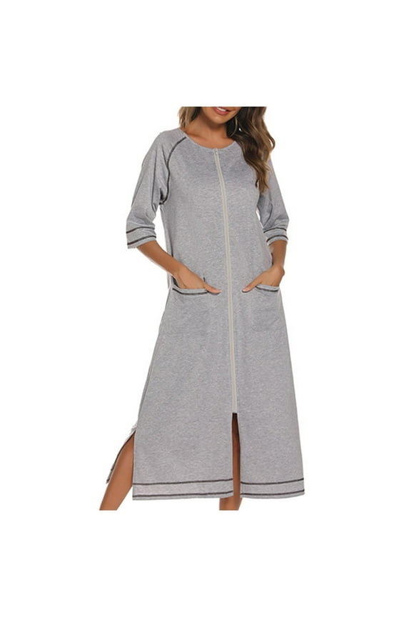 Women Zipper Pajamas Dress Homewear 3/4 Sleeve Nightgown Full Length Lounge Dress with Pockets