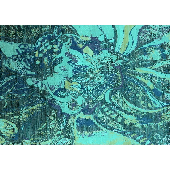 Ahgly Company Indoor Rectangle Oriental Turquoise Blue Industrial Area Rugs, 7' x 9'