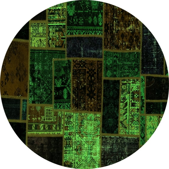 Ahgly Company Indoor Round Patchwork Green Transitional Area Rugs, 4' Round