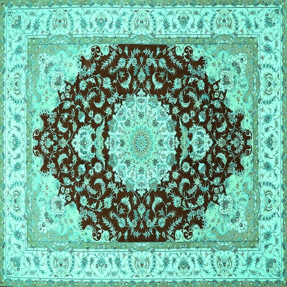 Ahgly Company Indoor Square Medallion Turquoise Blue Traditional Area Rugs, 3' Square