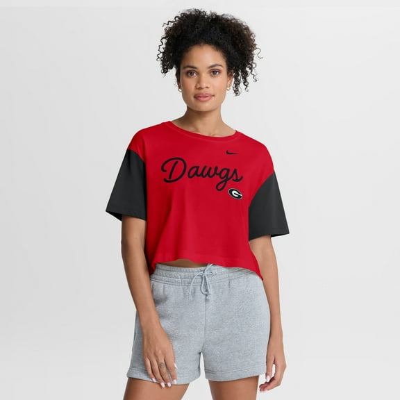 Women's Nike Red/Black Georgia Bulldogs Color-Block Script Dri-FIT Cropped T-Shirt