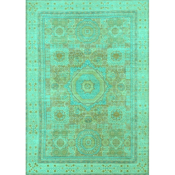 Ahgly Company Machine Washable Indoor Rectangle Abstract Turquoise Blue Modern Area Rugs, 7' x 10'