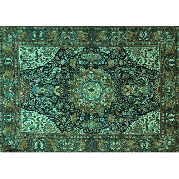 Ahgly Company Machine Washable Indoor Rectangle Medallion Turquoise Blue Traditional Area Rugs, 8' x 10'