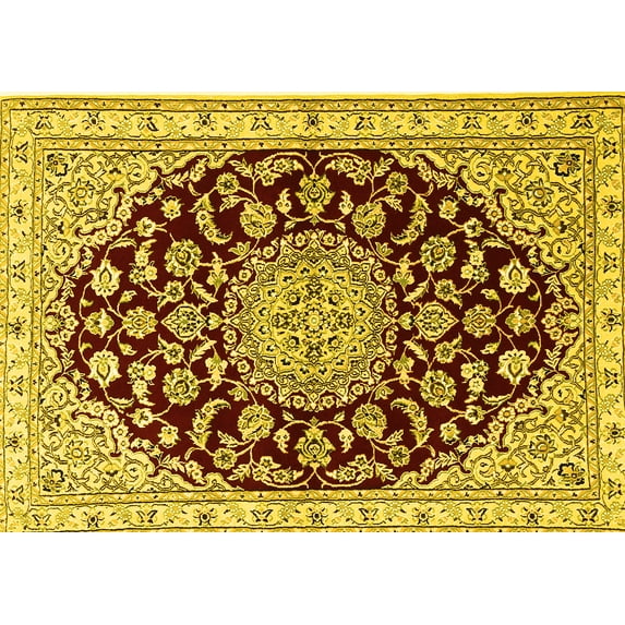 Ahgly Company Machine Washable Indoor Rectangle Medallion Yellow Traditional Area Rugs, 7' x 10'