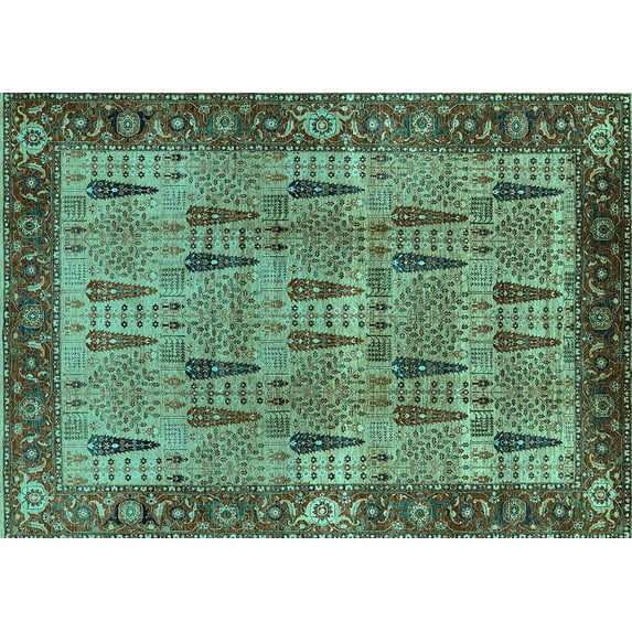 Ahgly Company Machine Washable Indoor Rectangle Oriental Turquoise Blue Industrial Area Rugs, 7' x 9'