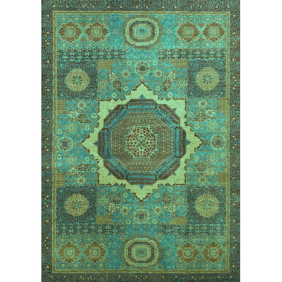 Ahgly Company Machine Washable Indoor Rectangle Oriental Turquoise Blue Modern Area Rugs, 4' x 6'