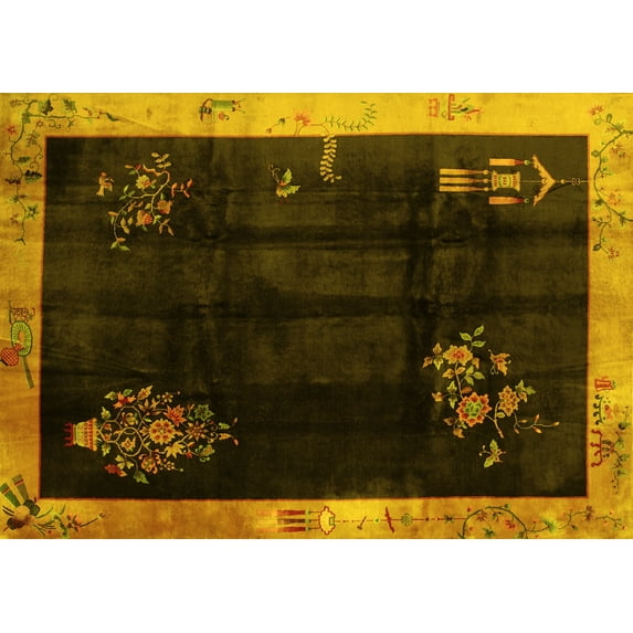 Ahgly Company Machine Washable Indoor Rectangle Oriental Yellow Asian Inspired Area Rugs, 5' x 8'