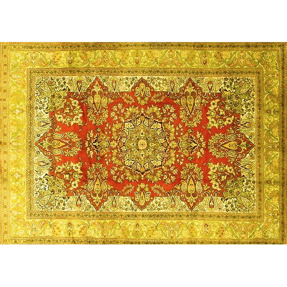 Ahgly Company Machine Washable Indoor Rectangle Persian Yellow Traditional Area Rugs, 7' x 10'