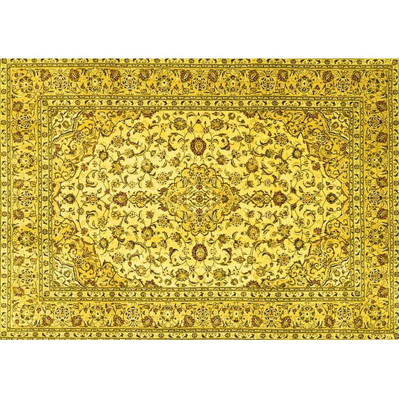 Ahgly Company Machine Washable Indoor Rectangle Persian Yellow Traditional Area Rugs, 7' x 9'