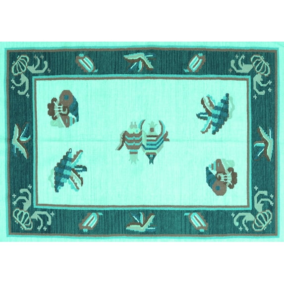 Ahgly Company Machine Washable Indoor Rectangle Southwestern Turquoise Blue Country Area Rugs, 7' x 10'