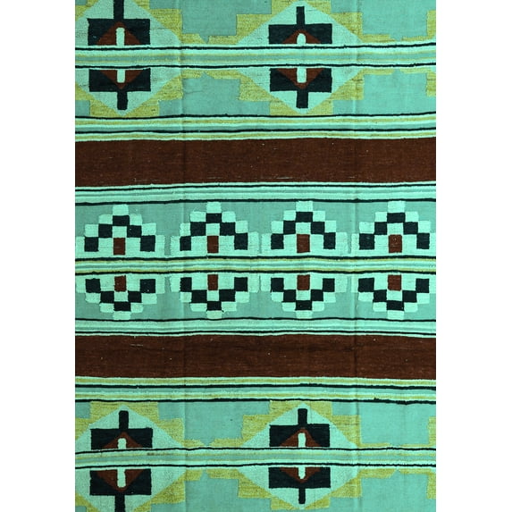 Ahgly Company Machine Washable Indoor Rectangle Southwestern Turquoise Blue Country Area Rugs, 8' x 10'