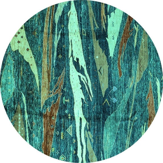 Ahgly Company Machine Washable Indoor Round Abstract Turquoise Blue Modern Area Rugs, 3' Round