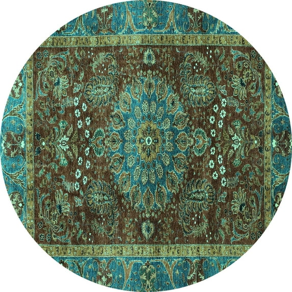 Ahgly Company Machine Washable Indoor Round Abstract Turquoise Blue Modern Area Rugs, 6' Round