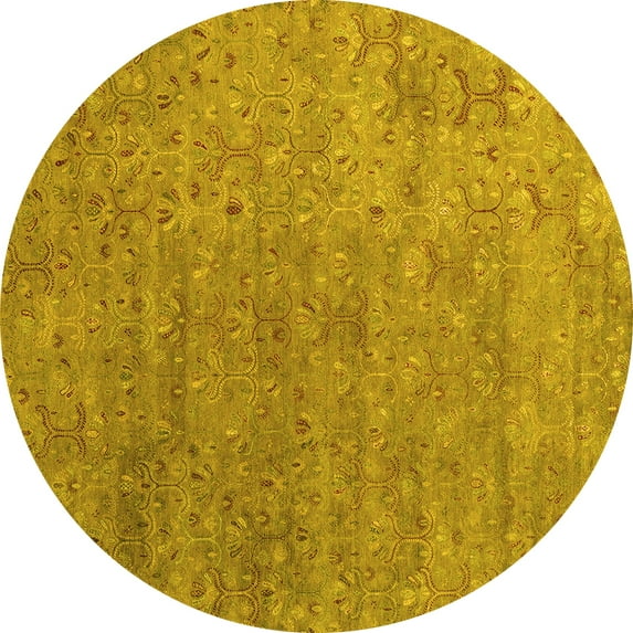 Ahgly Company Machine Washable Indoor Round Abstract Yellow Contemporary Area Rugs, 3' Round