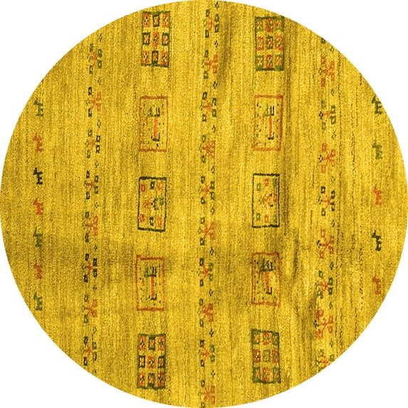 Ahgly Company Machine Washable Indoor Round Abstract Yellow Contemporary Area Rugs, 4' Round